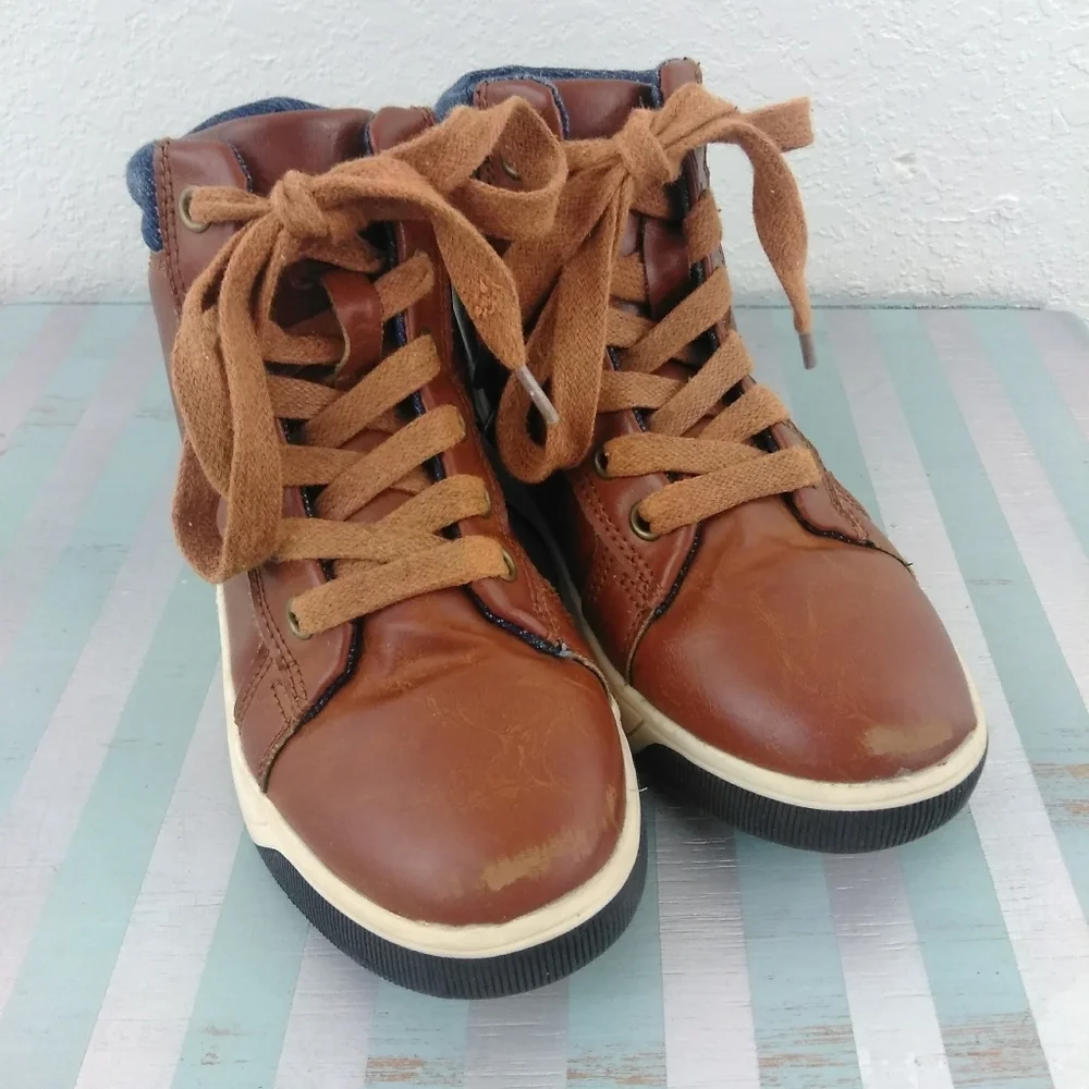 Steve Madden Brown Leather Denim Trim Boots Kids Casual Mountain Outdoor Shoes